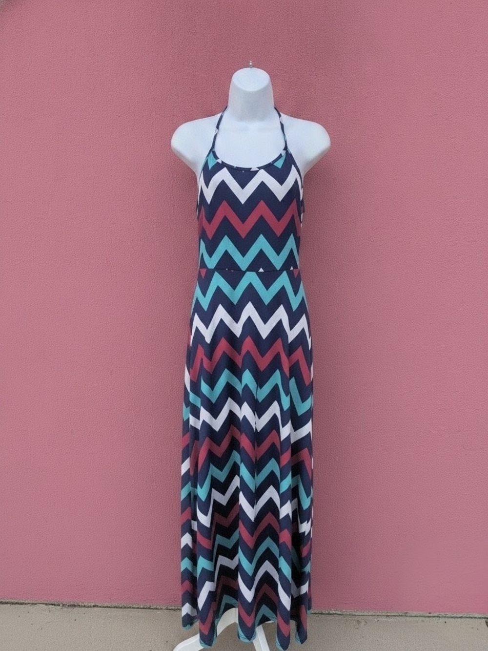 Backless Chevron Halter Maxi Dress in Teal, Navy & Rust
